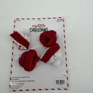 My Little Christmas 4 pc Red White Knit Santa Hat Ornaments Mini Caps